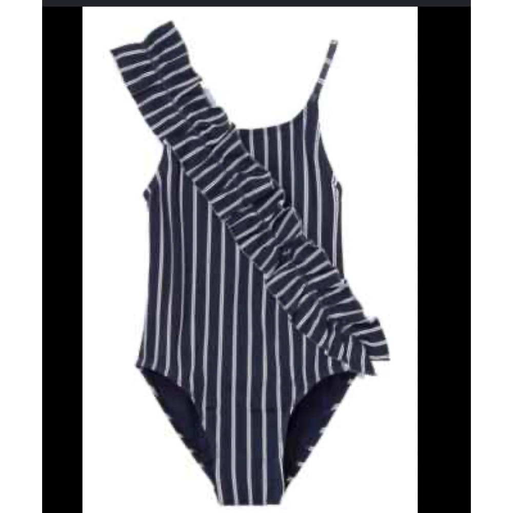 Habitual Girl Navy White Striped Ruffle One Piece Swimsuit Girls Size 14